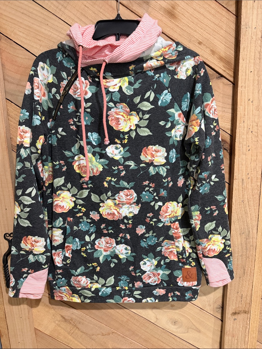 AMPERSAND AVE Floral Cowl Pullover in Charcoal with Pink Trim